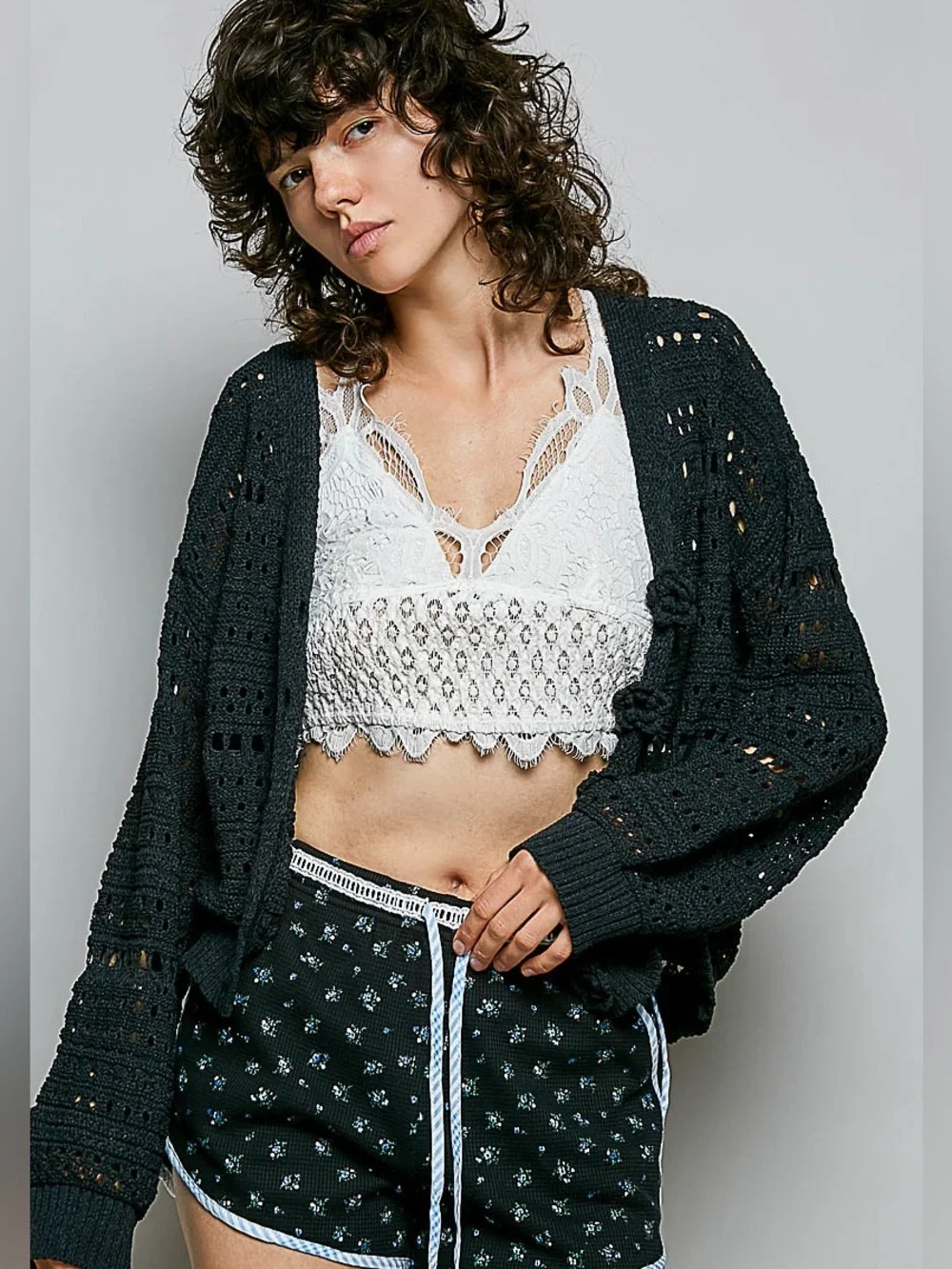 💗Hello Gorgeous! POL Open-Knit Floral Button Cardigan-Black